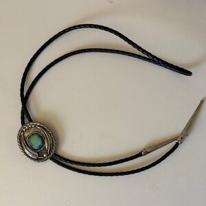 Black Braided Bolo Tie Necklace Sterling Silver & Turquoise Western Vintage